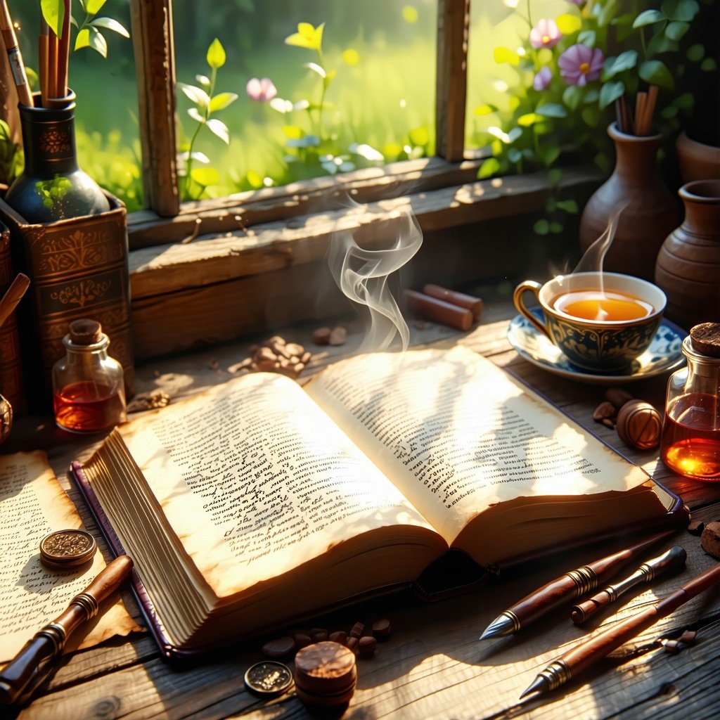 The image depicts an open book resting on a rustic wooden table its pages filled with elegant flowing text in a classic serif font The scene is warmly lit by soft golden sunlight streaming through a nearby window casting gentle shadows across the pag-1