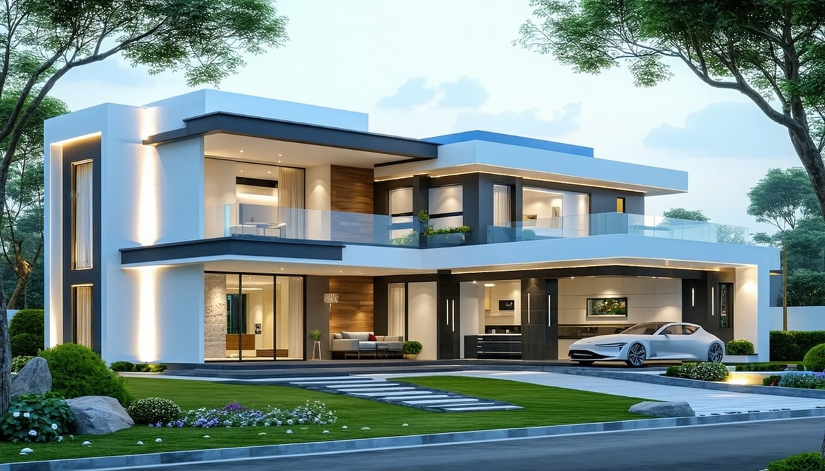 An artistic rendering of a freshly painted modern home highlighting quality and elegance